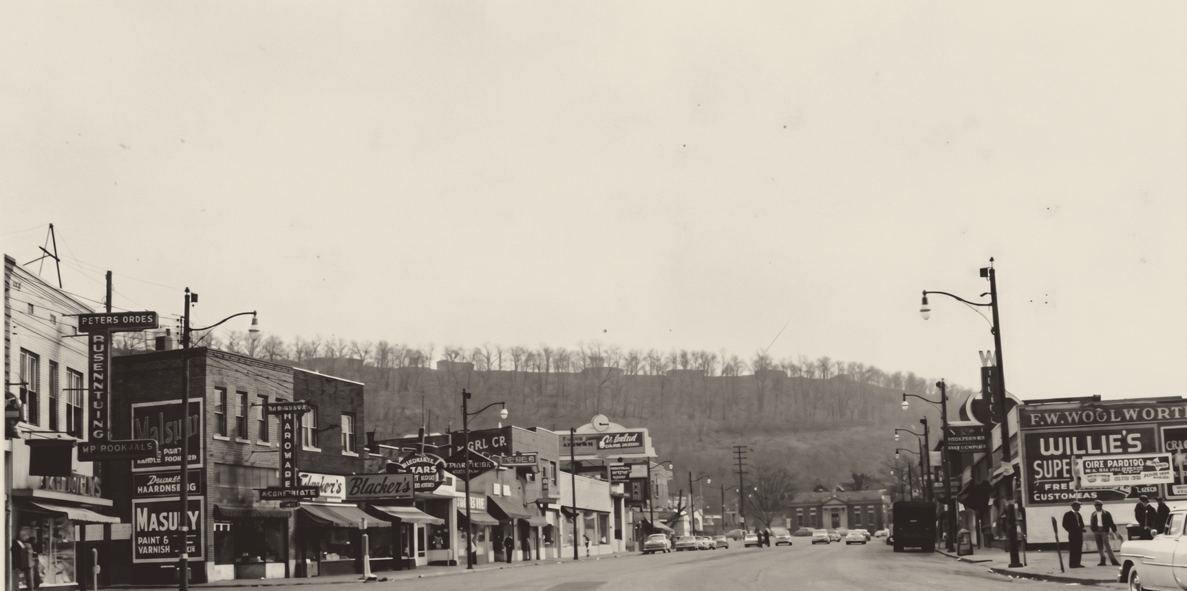 Historic Rossville Boulevard streetscape, mid-century — storefronts down the corridor