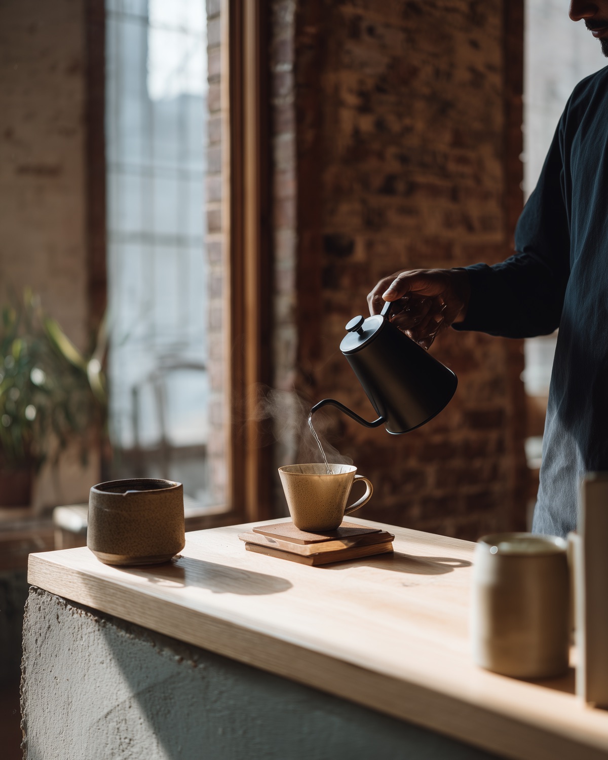 Hands making pour-over coffee by a brick window